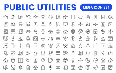 Public utilities linear signed icon collection. Signed thin line icons collection. Set of public utilities simple outline icons.