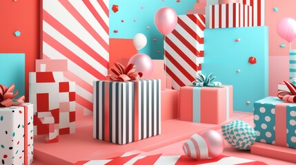 Obraz premium An arrangement of gift boxes with striped and polka dot patterns in pastel tones, complemented by matching balloons and a festive backdrop. The setting is light-hearted and whimsical, ideal for