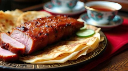 sliced roasted duck pancakes cucumbers sauce tea cups traditional asian cuisine restaurant menu item food videography