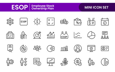 Outline icons about ESOP employee stock ownership plan. Contains such icons as company, win-win, scheme and benefits.