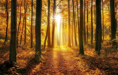 Obraz premium Golden Autumn Forest in Tranquil Light, AI generated illustration