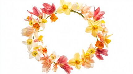 Fototapeta premium A suspended floral wreath of tulips and daffodils, forming a perfect circle, hovering against a white background, each petal saturated with radiant hues