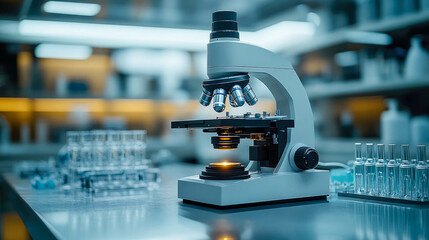 A modern digital trinocular microscope stands on a laboratory table, surrounded by glassware, ready for scientific research