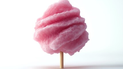 A single pink cotton candy swirl on a wooden stick against a white background.