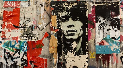 Fototapeta premium A collage of vintage photographs, torn and layered over each other, with splashes of paint and graffiti elements, giving a raw, rebellious feel to the album cover,