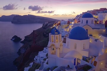 Panoramic View of Oia at Sunset with White-Washed Buildings and Blue Domes, AI generated illustration