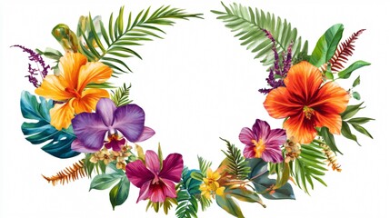 Obraz premium Ornamental circle of tropical flowers and ferns, floating against a plain white backdrop, vibrant hues bursting from each plant