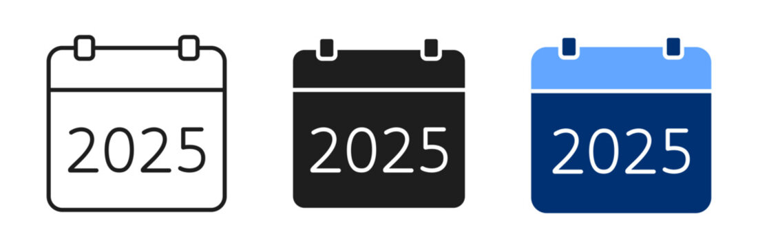 Vector icons calendar 2025. Symbols of new year with numbers 2025. Editable stroke thin line and black, blue solid set.