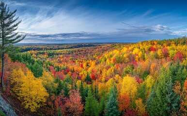 Panoramic View of Forest in Full Autumn Color with Elevated Perspective, AI generated illustration