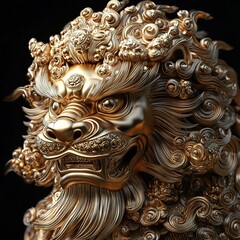 Fototapeta premium A golden lion head, made of gold material with traditional auspicious cloud patterns on its body 
