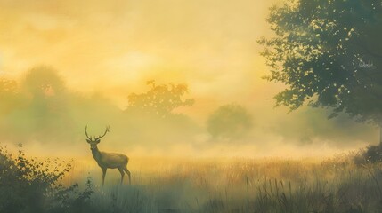 Naklejka premium Majestic Deer in a Misty Golden Sunrise