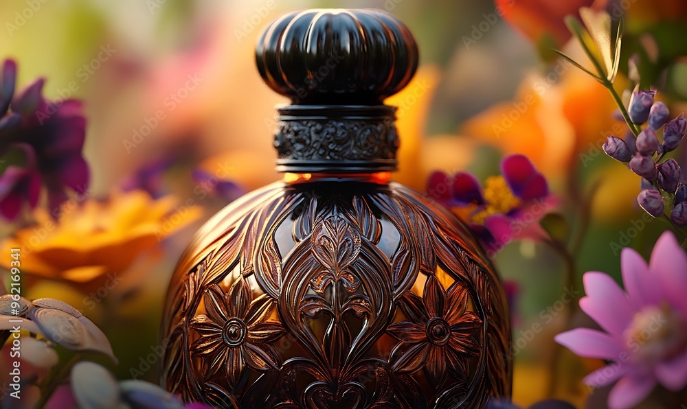 Sticker ornate perfume bottle surrounded by blossoms