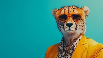 Fototapeta premium Surreal Cheetah in Boho-Chic Outfit with Sunglasses on Colored Background