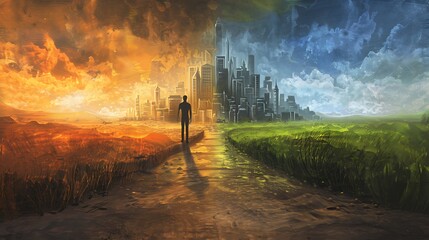 Naklejka premium A lone figure standing at a crossroads, with one path leading to a golden city and the other to a simple, green meadow, symbolizing the choice between material wealth and inner peace