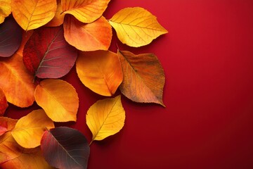Vibrant autumn leaves on rich red background