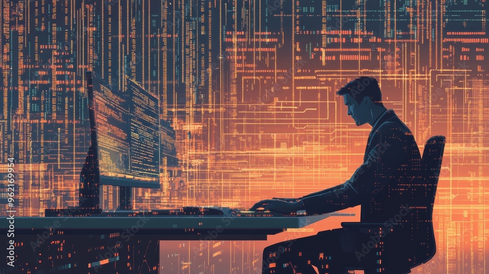 Aufkleber Silhouette of a programmer at a desk with a digital code background. Concept for programming and IT workflow.