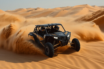 Thrilling UTV rally adventure through stunning golden sand dunes at sunset