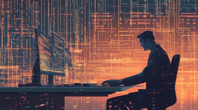 Silhouette of a programmer at a desk with a digital code background. Concept for programming and IT workflow.