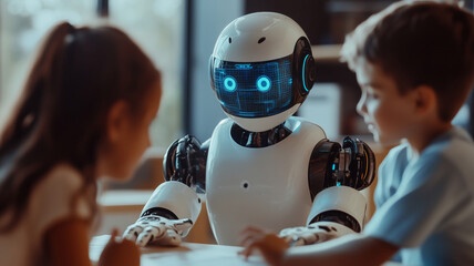 Innovative classroom where a robot teacher engages young pupils in future-oriented learning and exploration during an interactive session