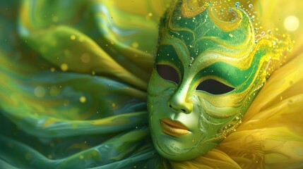 A detailed carnival mask in vibrant green and yellow hues, adorned with intricate patterns and glitter accents. The mask exudes mystery and elegance, ideal for themes of masquerade or fantasy.