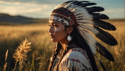 Native american girl in traditional dress and decorative headdress standing in a serene prairie