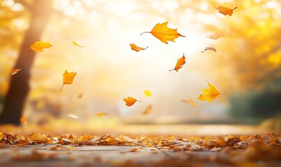 An autumn park with leaves covering the ground, sunlight peeking through the trees, and yellow maple leaves scattered about. AI generated illustration