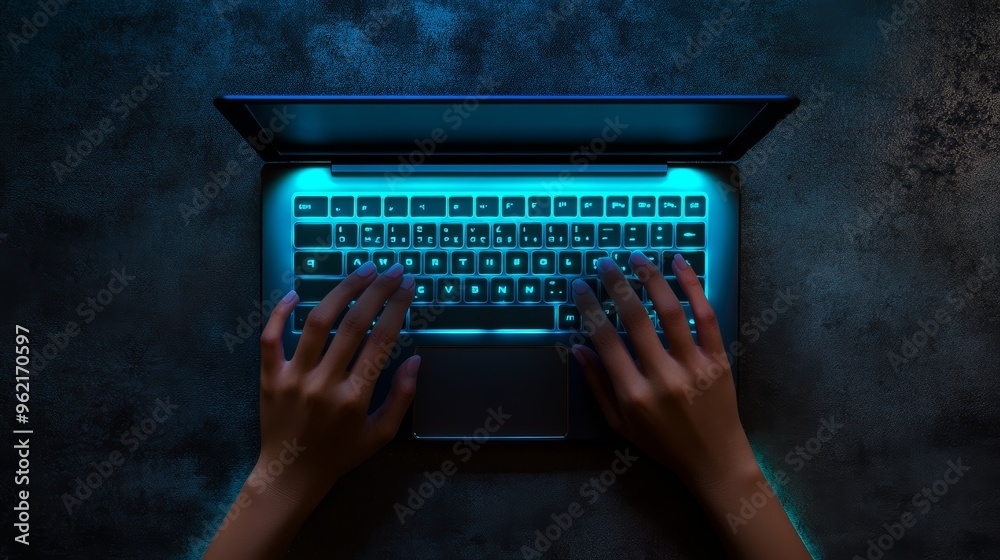 Aufkleber Top view of hands typing on a glowing blue keyboard in a dark environment. Nighttime coding concept.