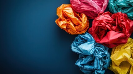Vibrant crumpled paper balls on blue background