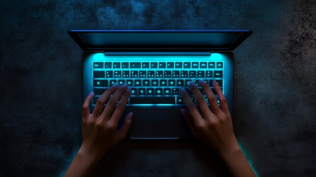 Top view of hands typing on a glowing blue keyboard in a dark environment. Nighttime coding concept.