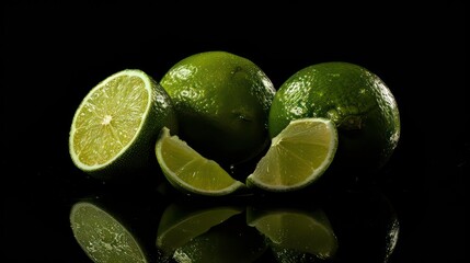 Three whole limes and two lime slices on a black reflective surface.
