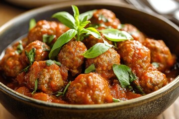 Fototapeta premium A rustic bowl of meatballs simmering in a rich tomato sauce, garnished with fresh basil