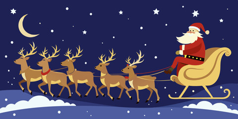 A classic silhouette of Santa Claus riding a sleigh filled with gifts, being pulled by three reindeer. Santa is sitting in a sleigh, holding the reins tightly while looking forward. 