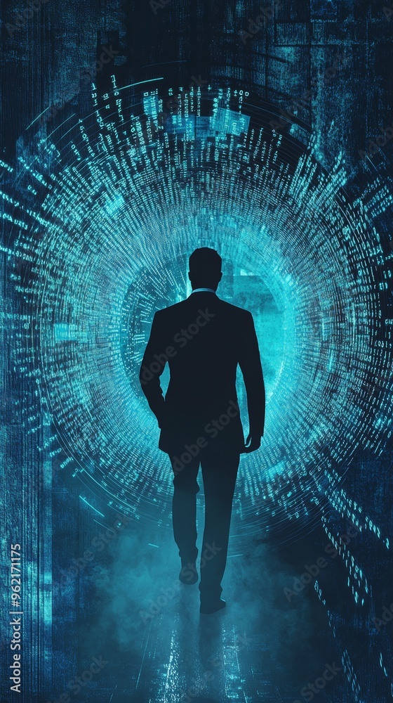 Poster a businessman facing a swirling tunnel of blue digital lines and light. depicting digital progress a