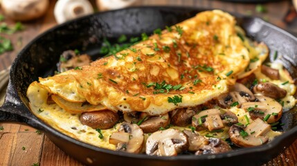 A perfectly cooked omelet with sauteed mushrooms in a cast iron skillet, garnished with fresh parsley.