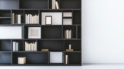 very high and long storage dark bookshelf with the book, picture frame and others decorations on every floors with minimal style, white background