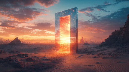 Glowing Portal in Desert Overlooking a Futuristic Cityscape at Sunset Concept of Opportunities and New Beginnings