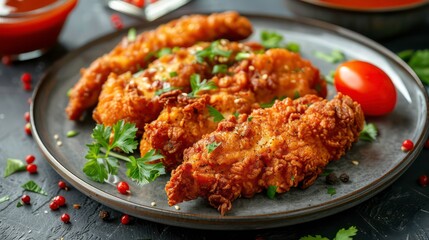 Crispy chicken tenders with a crispy golden breading, served with a side of ketchup and fresh parsley on a grey plate.