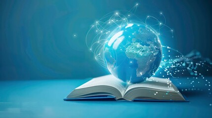 A glowing blue globe with network lines sits atop an open book on a blue surface.