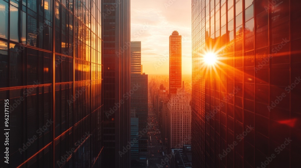 Aufkleber close-up of the sun setting between skyscrapers, with the building edges creating a natural frame fo