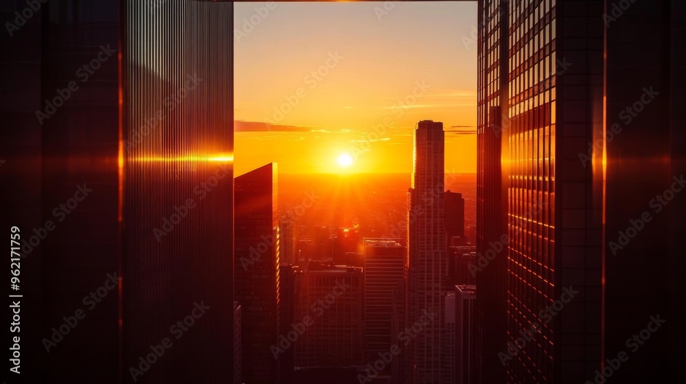 Aufkleber Close-up of the sun setting between skyscrapers, with the building edges creating a natural frame for the warm, colorful sunset and the city skyline.