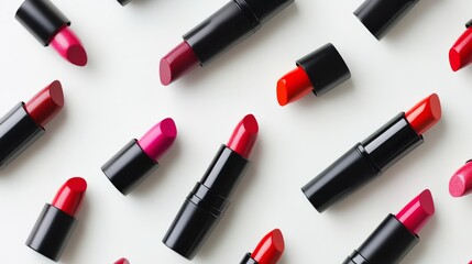 Obraz premium Close-up of various lipstick shades arranged on a clean white background, showcasing the vibrant colors and sleek packaging of each product.