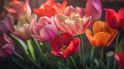 Fototapeta premium Close-up view of a cluster of colorful tulips with rich, saturated hues and smooth, velvety petals, capturing their elegance and charm.
