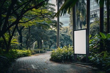A sign is on a brick path in a lush green forest, generative ai image