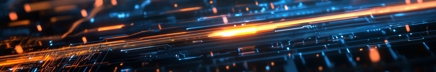 Holographic abstract panel with glowing circuits and vibrant light trails. This image evokes sense of futuristic technology and innovation.