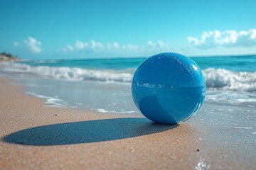Obraz premium A blue beachball resting on golden sand by the ocean. Generative AI