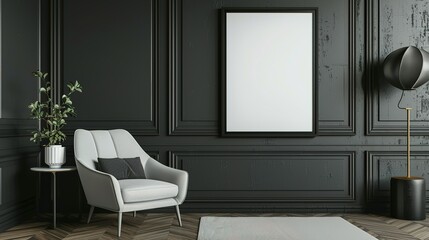 Mock-up of a poster frame in a modern living room with an Art Deco style. 3D render and illustration.