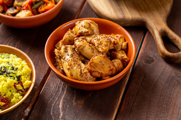Traditional oriental dishes meat couscous vegetables muslim friday meal