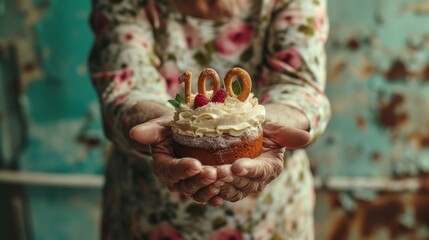 A senior woman in a floral dress proudly holds a small cake adorned with candles forming the number 100. The scene exudes warmth and celebration, capturing a milestone moment of longevity and joy.