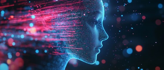 A woman's face is shown in a computer generated image with a blue