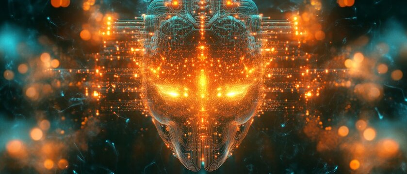 Abstract AI brain formed from glowing circuits and digital nodes